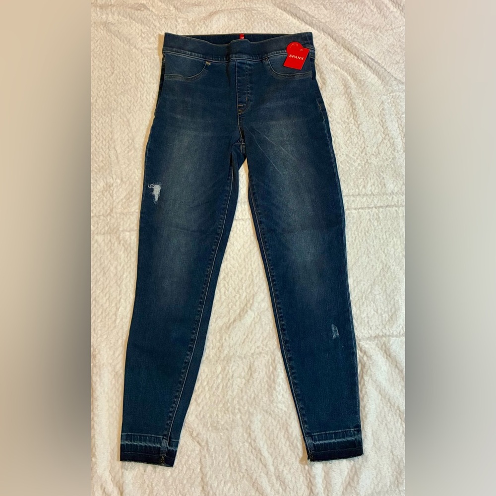 NWT SPANX Medium Wash Blue Stretch Denim Jeggings Leggings Distressed M 8/10 - Picture 3 of 9